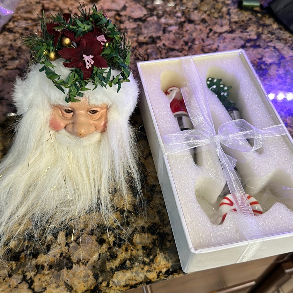 Christmas items hanging Santa + wine bottle decor